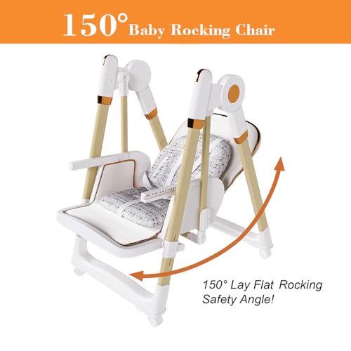 Image of Foldable Baby High Chair with 150 Swing & Recline,Convertible High Chairs for Babies and Toddlers,5 Height Levels,3 Backrest & Footrest Positions,Removable Double Tray,Lockable Wheels (White)