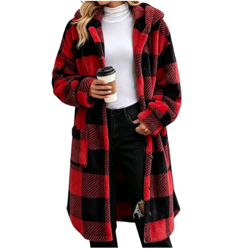 Chaqueta para Mujer Fleece Jacket Women Hooded Plaid Sherpa Button Front Coat Winter Outerwear Fall Coats for Women 2026 Trendy Soft Autumn Capsule Wardrobe Wine S - image 5