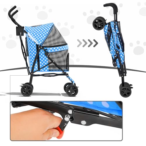 Image of MoNiBloom 4 Wheels Pet Stroller, Easy-Fold Umbrella Shaped Dog Cat Jogger Stroller w /Storage Bag & Visible Mesh for Small /Medium Dogs Cats Sky Blue Polka Dots