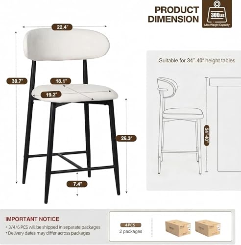 Image of AQO Counter Height Bar Stools Set of 4, Upholstered Counter Stools Modern Barstools with Metal Legs for Kitchen Island Dining Room, Black