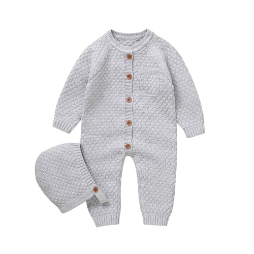 Image of mimixiong Cotton Baby Romper Newborn Baby Knitted Clothes Longsleeve Sweater Outfit for Boy and Girls with Warm Hat Set