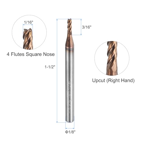Image of uxcell Carbide Square End Mill, 1 /16 inch Dia TiAlN Coated 4 Flutes Milling Bit Cutter, for Hardened Steel Stainless Steel Alloy Metal, 1 /8 inch Shank 3 /16 inch Cut Length 1-1 /2 inch Long HRC55