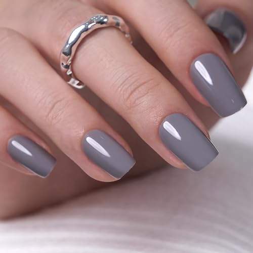 CurvLife Short Square Press On Nails, Grizzly Gray, Soft Gel