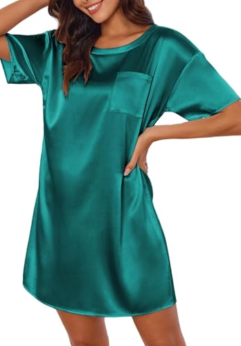 Image of Ekouaer Silky Satin Sleep Shirts for Women Nightshirt Tshirt Night Gowns | Short Sleeve Pajama Dress Round Neck Shirt Dress With Chest Pocket Cooling Nightgowns Lightweight Sleepwear