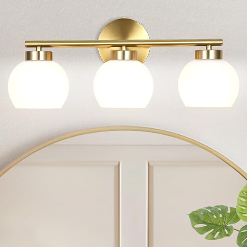 Image of 3 Light Bathroom Vanity Light, 20 inch Brushed Gold Bathroom Light Fixtures Over Mirror with Milky White Glass Globe Shade, Mid Century Modern Brass Wall Sconces, E26 Socket