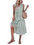 Floerns Women's Striped Print Notched Neck Sleeveless Ruffle A Line Midi Dress Dark Green M