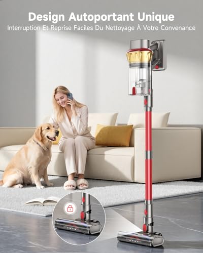 55KPA/650W Aspirateur Balai sans Fil, 75 Minutes Autonomie Aspirateur sans Fil Puissant avec Recharge Murale Écran Intelligent, aspirateur balai puissant pour Les Poils d'animaux/Tapis/Sols Durs – Image 4