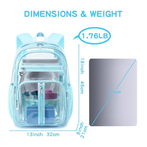 Image of XL Clear Backpack Heavy Duty For Lady,18in TPU Bookbag 15Age+ Girls,Not-PVC | See Through Stitch durable plastic Multi-Pocket Design For School Adults work Warehouses Airport security,check events (Aqua)