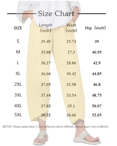 Cotton Linen Pants for Women Wide Leg Elastic Waist Capri Pant Casual Loose Palazzo Cropped Trousers with Pockets3