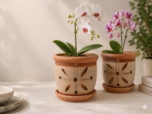 Happy Jiffy Unique Design Terracotta Planter with Plate for Orchid (5.5x4 Inch) (Pack of 2) (Terracotta Orchid Planter with Plate) Free Premium Orchid Potting Mix with Every Pot.