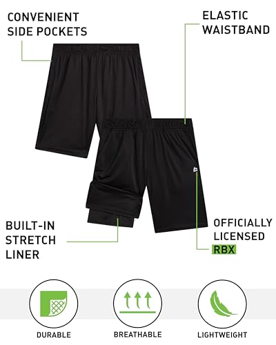 RBX Boys' Active Shorts - 2 Pack Sports Performance Jersey Gym Shorts with Compression Base Layer for Boys (Sizes: 8-16)2