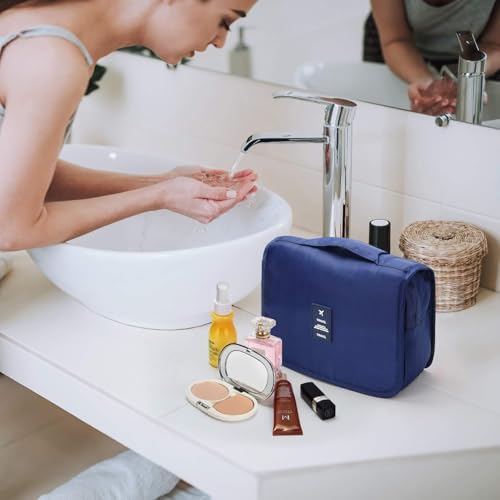 Image of CAVALO - Be Unique Nylon Polyester Large Capacity Portable Travel Toiletry Bag with Hanging Hook Waterproof Cosmetic Case Makeup Pouch Dopp Kit for Men Women with Carry Handle (Navy Blue)