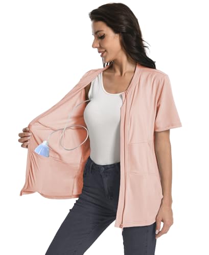 Mastectomy Shirt with Drain Pockets Breast Mastectomy Recovery Supplies Nephrostomy Drain Bag Tummy Tuck Must Haves Clothing Comfy Post OP Camisoles After Mastectomy Short Sleeve Shirts Red Pink