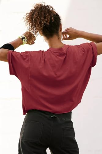 Image of HUGOOME Womens Oversized Workout Crop Top Casual Short Sleeve Boxy Roll Hem | Basic Half Split Sleeve Drop Shoulder Loose Yoga Running Gym Tee Cropped T-shirt Solid Trendy Relaxed Daily Tee