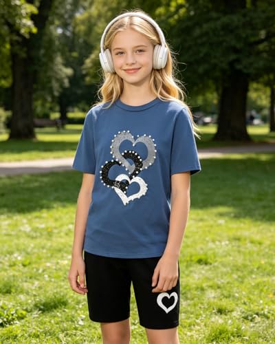 Image of 9-16Y Tween Girl Clothes 2 Piece Short Sleeve Heart Print Top and Shorts Teen Girl Summer Outfits Short Set