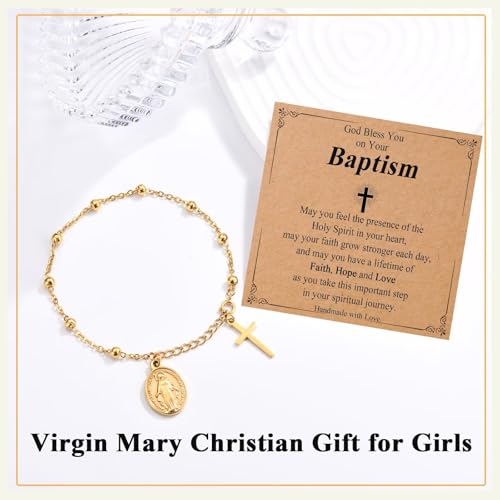 Image of Catholic Gifts for Girl Virgin Mary Christian Cross Bracelet First Communion Baptism Confirmation Gifts For Teen Girls Link Jewelry