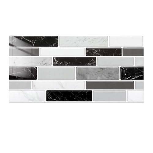 Commomy 12 Pièces Credence Adhesive pour Cuisine et Salle de Bain, Stickers Adhésive Carrelage Autocollant Mural, 30 x 15 cm, Noir et Blanc Marbre, Carrelage...