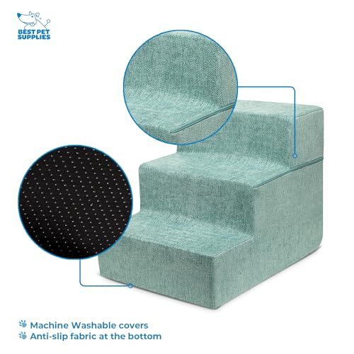 Image of Best Pet Supplies Dog Stairs & Steps - Foam Steps for Small Dogs & Cats, Non-Slip Indoor Balanced Pet Step Support, Dog Ramp, No Assembly, Pale Teal, Foldable 3-Step (16.5-inch Height)