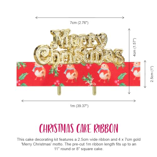 Anniversary House 1m Christmas Robin Cake Ribbon, Festive Robin Decorations, with Festive Cake Decorations Traditional, Gold Merry Christmas Topper, BX380