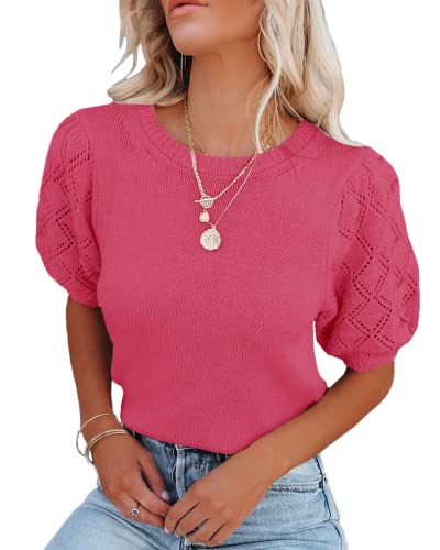 Image of Womens Short Sleeve Sweaters Crewneck Knit Pullover Tops 2025 Summer Casual Lightweight Crochet Blouse Shirt Rose Red