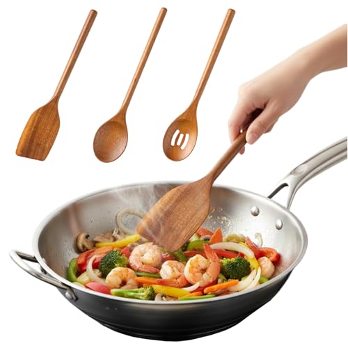Culinavog 3 Pièces Ustensiles de Cuisine Bois, Composé D'une Louche Égouttoir, D'une Spatule et D'une Cuillère, Léger, Résistant à la Chaleur, Durable...
