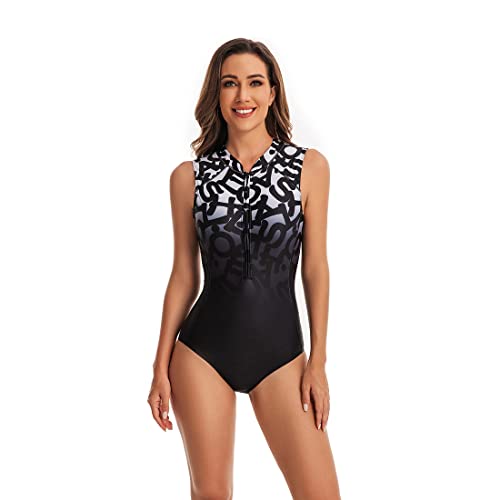 BEACHKINI Combinaison de Surf Zippée pour Femmes Maillot de Bain Décontracté sans Manches Maillot de Bain Une Pièce pour Femmes,01 Gradient de Lettre,M