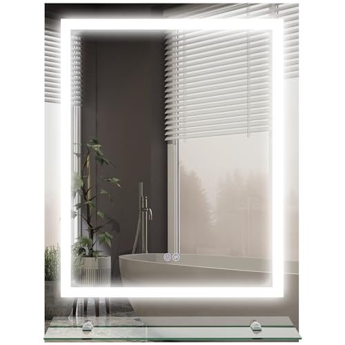 kleankin Specchio rettangolare a luce LED Specchio da parete con mensola da bagno 80 x 60 cm luce regolabile antiappannamento Interruttore tattile