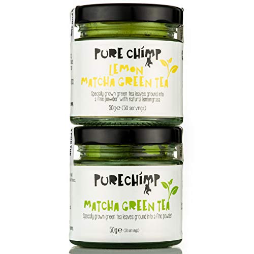 Té Verde Matcha en Polvo Regular/Limón/Menta de PureChimp  Frascos de 50g [Paquetes de 2]  Grado Ceremonial de Japón  Completamente Natural y Vegano (1 x Regular & 1 x Limón)