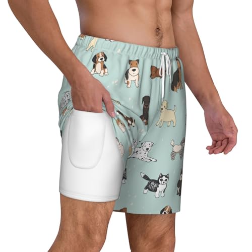 Men's Dog Print Quick-Dry Mesh Swim Trunks Stretch Lining Beach Shorts Surfing Summer Vacations White