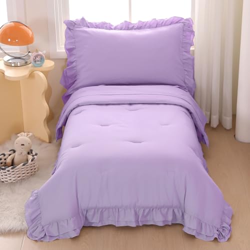 Wowelife 4 Pieces Toddler Bedding Set for Girls, Double Ruffles