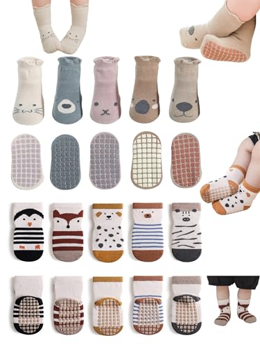 Baby Toddler Non-Skid Crew Socks, Girl Boy Non Slip Socks, Newborn Infant First Walking Floor Socks, 10 Packs