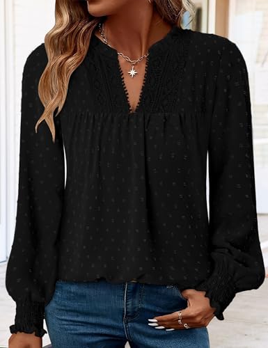 BETTE BOUTIK Women Boho Long Sleeve Shirts Dressy Casual V Neck Fall Fashion Tops Swiss Dot Flowy Blouses