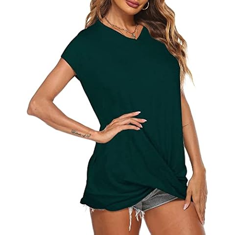 Women's Front Knot Twist Tunic Tops Long Sleeve T-Shirt Round Neck Casual Shirt Loose Blouses (Blackish Green, S) Cover