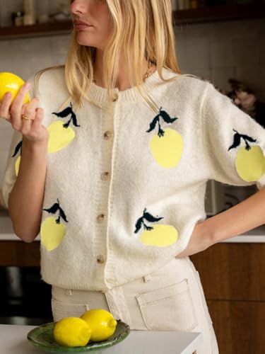 Women's Lemon Embroidery Sweater Cardigan Cute Summer Short Sleeve Button Down Knitwear Tops3