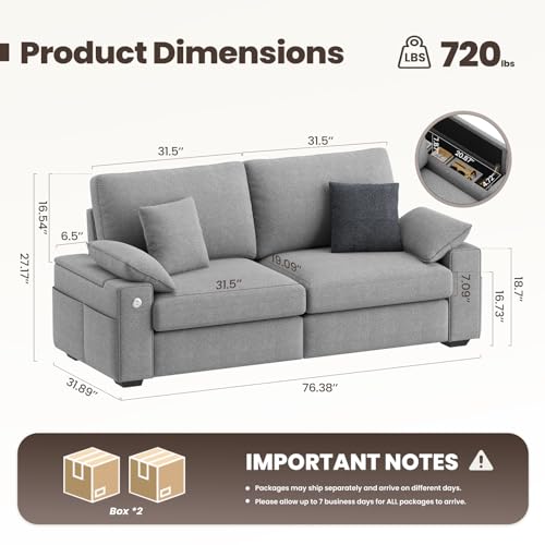 Image of MALOL 76 inch Loveseat Couch, 3 Seater Upholstered Midcentury Mondern Love Seat with USB Type C Ports, 4 Pillows and Storage Armrest Cloud Foam Sofa for Living Room /Small Spaces, Grey | Breathable material