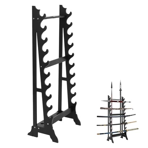 veonly Sword Stand,Sword Rack with 10 Tiers & 3 Spear Holes,Sword Display Floor Stand,Wooden Samurai Katana Stand Holder for Multiple Swords Display