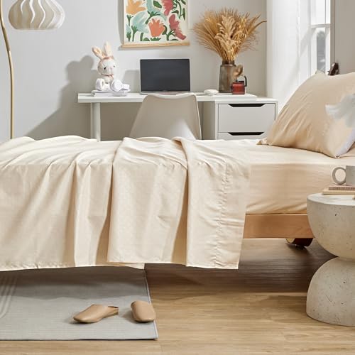 SLEEP ZONE 3 Pieces Sheet & Pillowcase Sets, Luxury Embossed Sheets Set for Kids, Deep Pocket 16",Super Soft, Wrinkle Free, Fade Resistant, Easy Care (Beige-Four Leaf Clove, Twin)