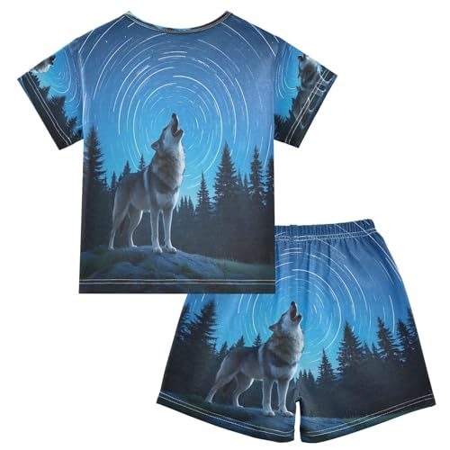 ALAZA Wolf Starry Sky Howling Pajamas Set Short Sleeve Cotton Sleepwear Summer Pjs 2 Piece 5-14Y2