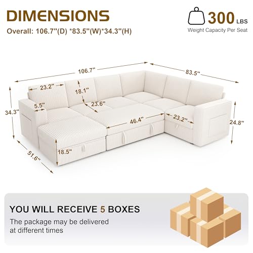 Image of Sectional Sleeper Sofa, Pull Out Couch with Storage,Lvory,7 Seat