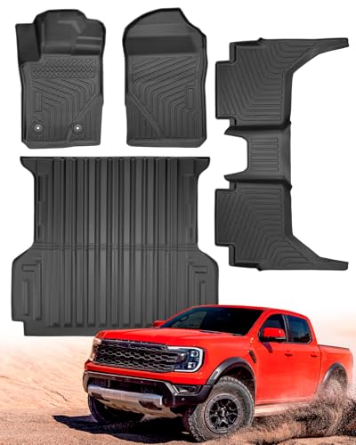 Full Set Car Truck 5FT Bed Mat & Floor Mats for Ford Ranger SuperCrew Cab: 2024 2025 All-Weather Mats for XLT Raptor Lariat XL with 5ft TPE Trunk Bedmat, Anti-Slip Waterproof Protection Accessories
