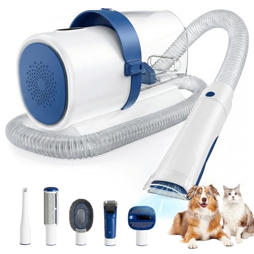 Image of DUMOS Pet Grooming Vacuum Kit, 3 Adjustable Suction Modes Dog Clipper, 5 Professional Grooming Tools with Low Noise Cat Hair Clippers, 2.5L, Blue & White