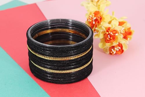Image of NMII Glass Bangles For Women and Girls with Velvet and Golden Ballchain Linked | Plain Glass Bangles | Velvet Chudi Set | Bangles For Women | Stylish Glass Chudi Bangles- Set of 28