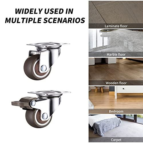 GEOCANG 4 Stück Möbelrollen 25 mm mit Schrauben Bremsen, Gummi Transportrollen klein Lenkrollen für Möbel Lenkrollen Schwerlastrollen rollen für Palettenmöbel (2 mit Bremsen)