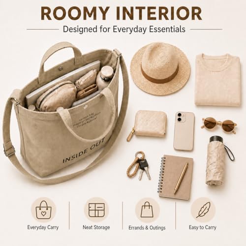 JOSHFLKWL Tote Bag for Women, Canvas Tote, 16oz Adjustable Strap(Khaki, Large) — view 5