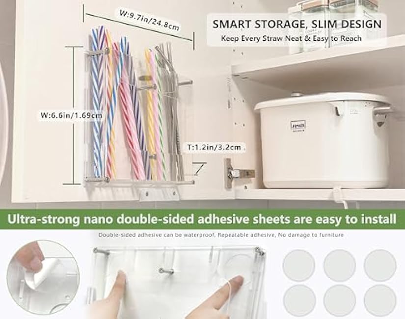 Straw Holder for Cabinet Door, Walls - Reusable Tumbler Acrylic Organizer Storage, Small Space Solutions Container, Ultra Sticky Kitchen Cupboard Door Mounted
