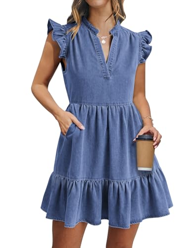 Denim Dress for Women Ruffle Short Sleeve V Neck Jean Mini Dress with Pockets