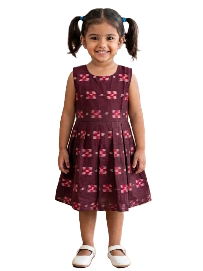 Image of GHL GUENDICHAHAAT Sambalpuri Certified Handloom Cotton Girl's Frock | Ikat Ethnic Wear Dress for Kids | Comfortable Traditional Outfit for Girls