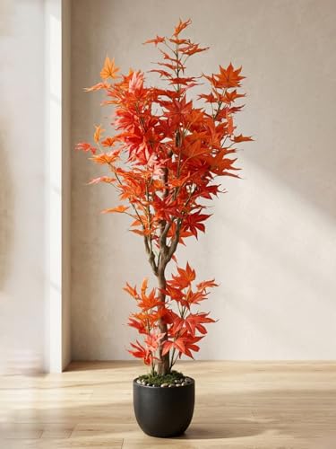 Image of ARICK DECOR 4Ft Artificial Japanese Maple Tree in Pot, Realistic Faux Autumn Orange Maple Plant, Peacock Shaped Floor Decor for Home, Office & Balcony