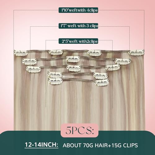 Image of Easyouth Clip in Human Hair Extensions Blonde Highlight, Human Hair Clip in Extensions for Beginners, Ash Blonde Highlights Bleach Blonde, Invisible Clip on Hair Extension for Women, 14 Inch 5pcs 85g