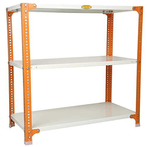 Image of Mil-Nil Prime CRC Sheet 3 Shelf Multipurpose Slotted Angle Rack, 36 x 36 x 18 Inch, 18 Gauge [(Orange-Ivory) Powder Coating] 14 Gauge Angles